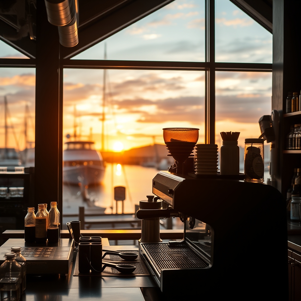 Warm espresso bar interior at Driftwood Coffee Roasters near Fremantle Fishing Boat Harbour